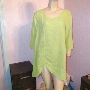 Et'Lois LINEN Tunic TOP Size XS OVERSIZED Chartreuse CINCH UP Asymmetrical ARTSY
